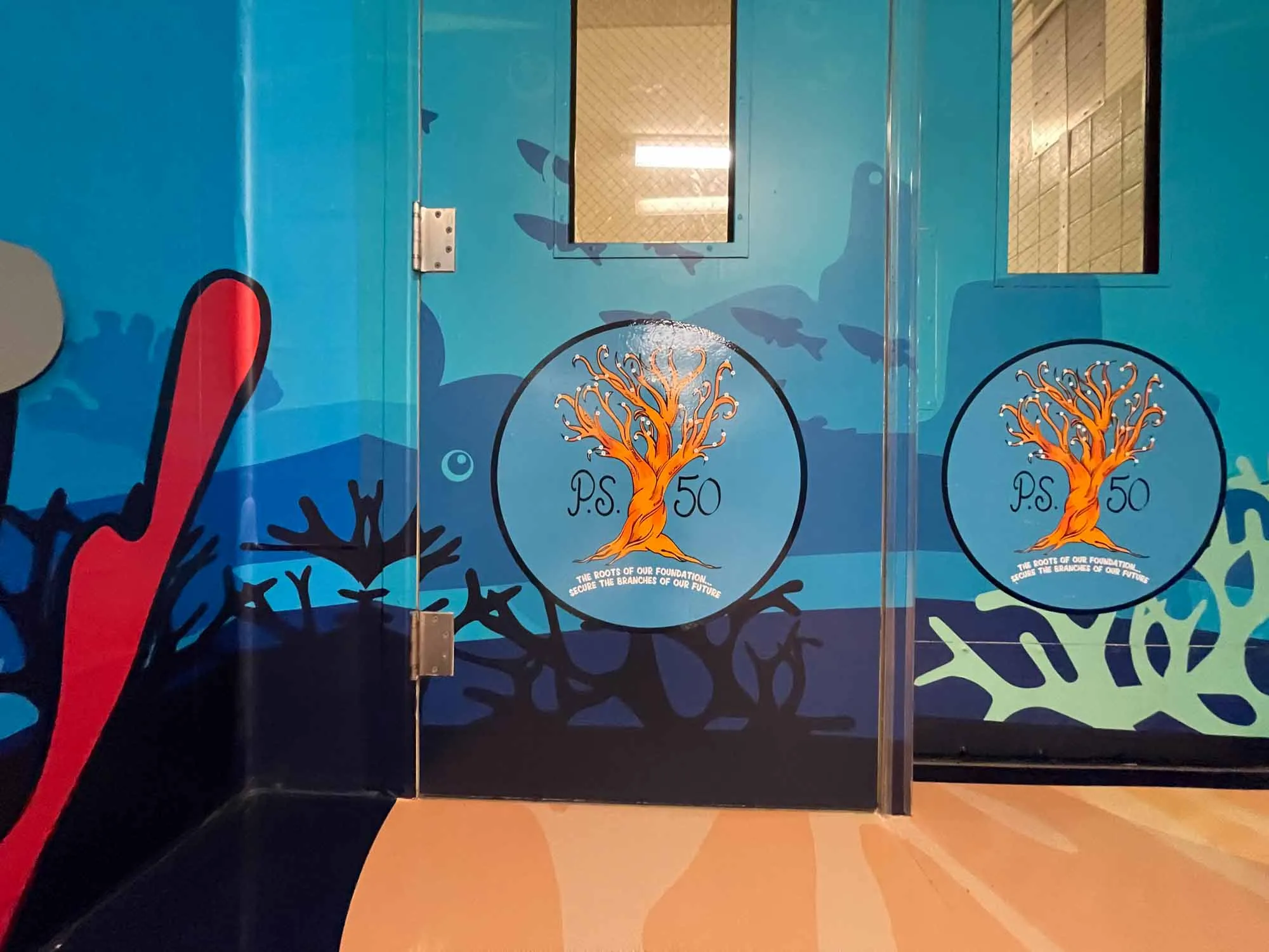 vinyl wrapped doors with ps 50 school logo