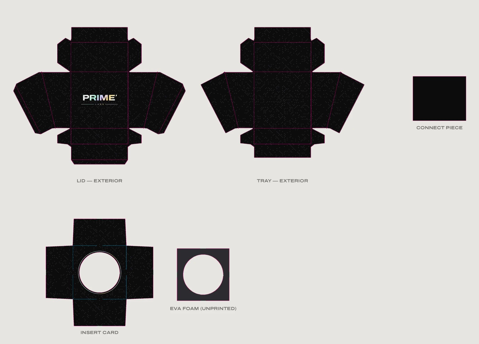 Prime Labs Hash 5ml jar box, full dieline set: lid, tray, connect piece, insert card and EVA foam