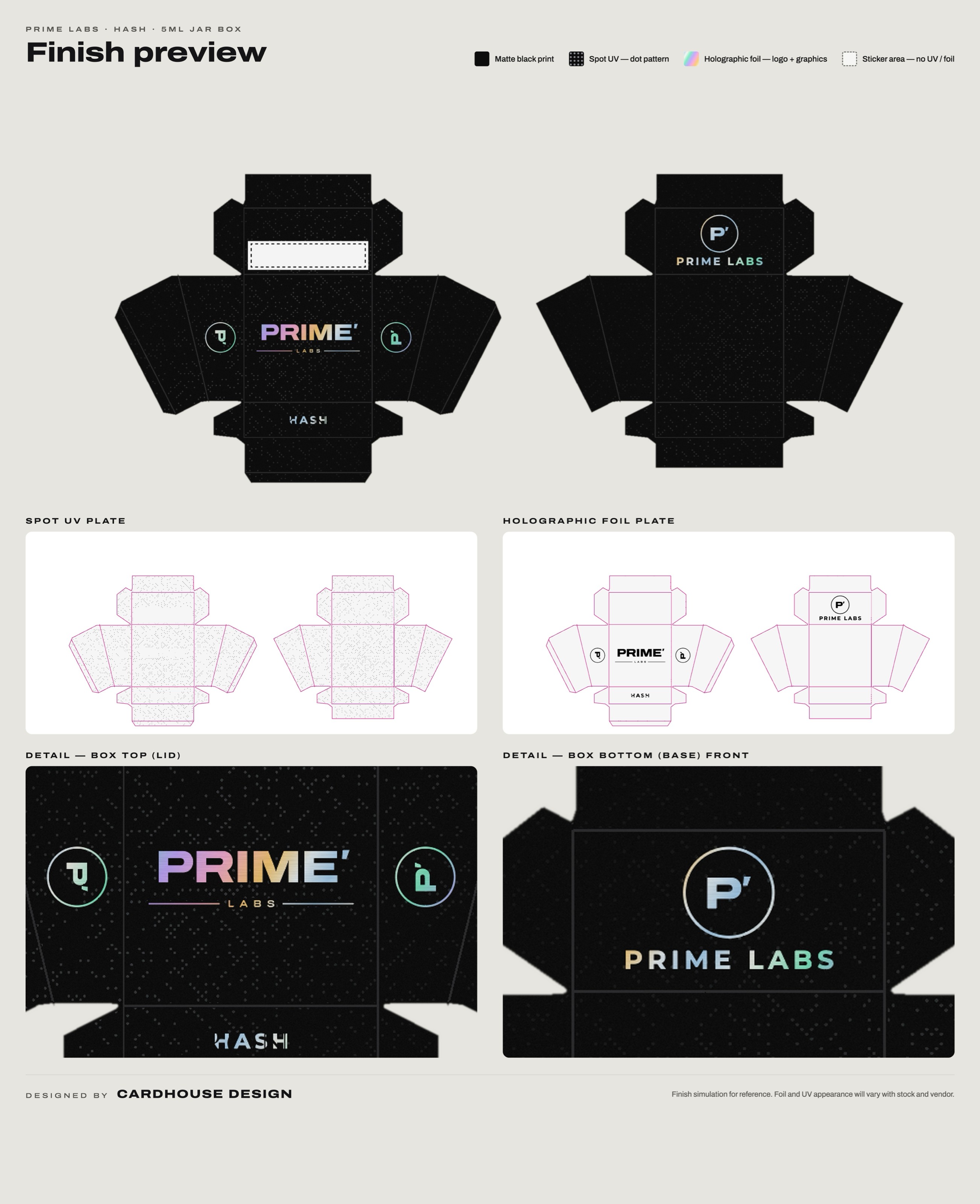 Prime Labs finish preview: matte black, spot UV, holographic foil