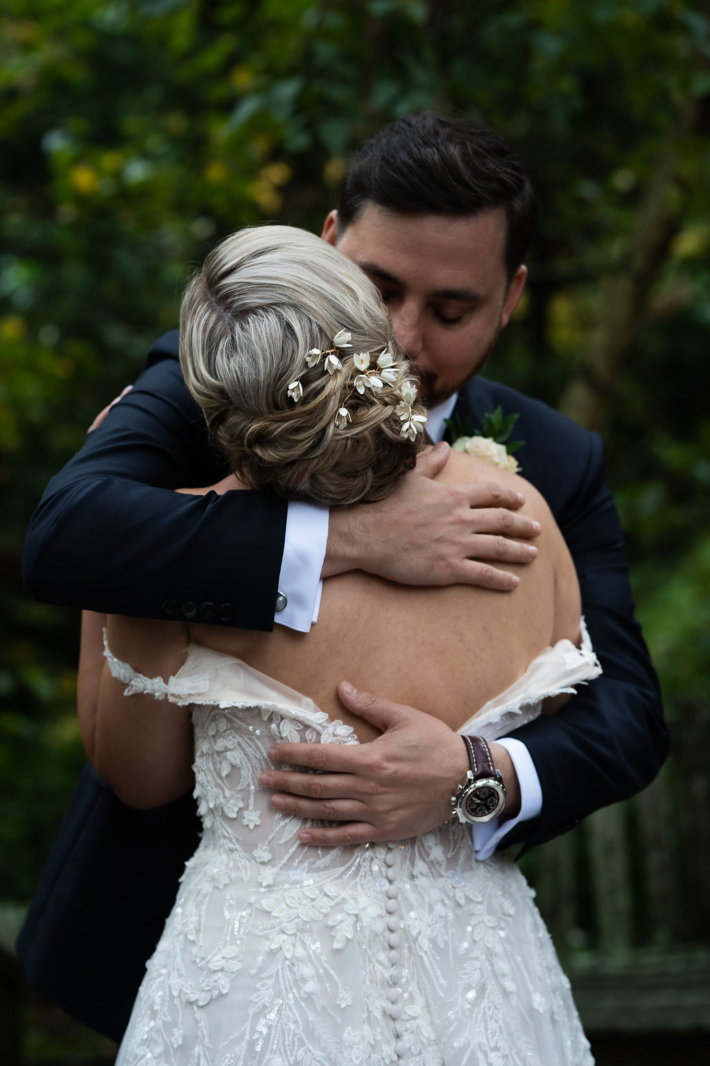 Embrace before the ceremony, Anna & Sean