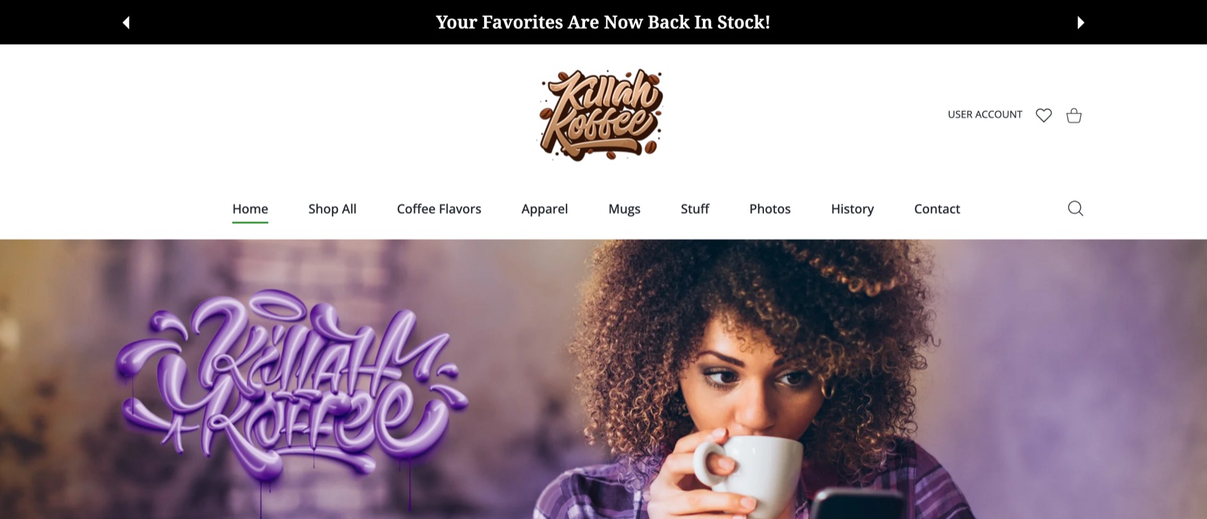 Killah Koffee homepage: Shopify storefront for Ghostface Killah’s coffee brand, hand-lettered logo over a graffiti hero.