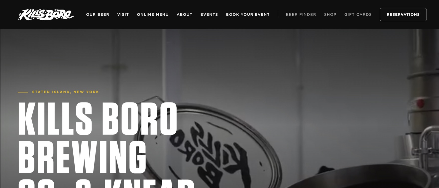 Kills Boro Brewing Co. homepage: full-bleed brewhouse photography behind heavy condensed display type.