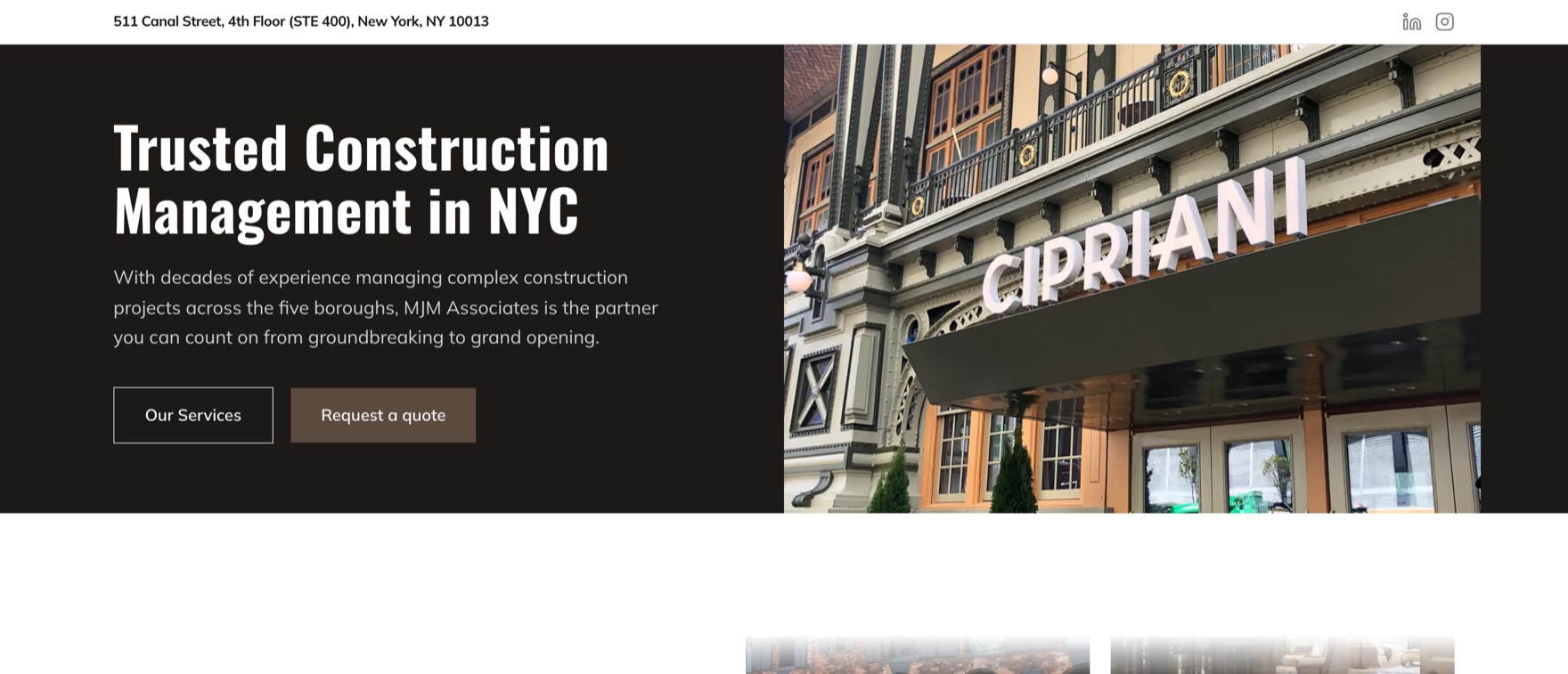 MJM Associates homepage: New York construction management site with a split hero over a Cipriani building photograph.