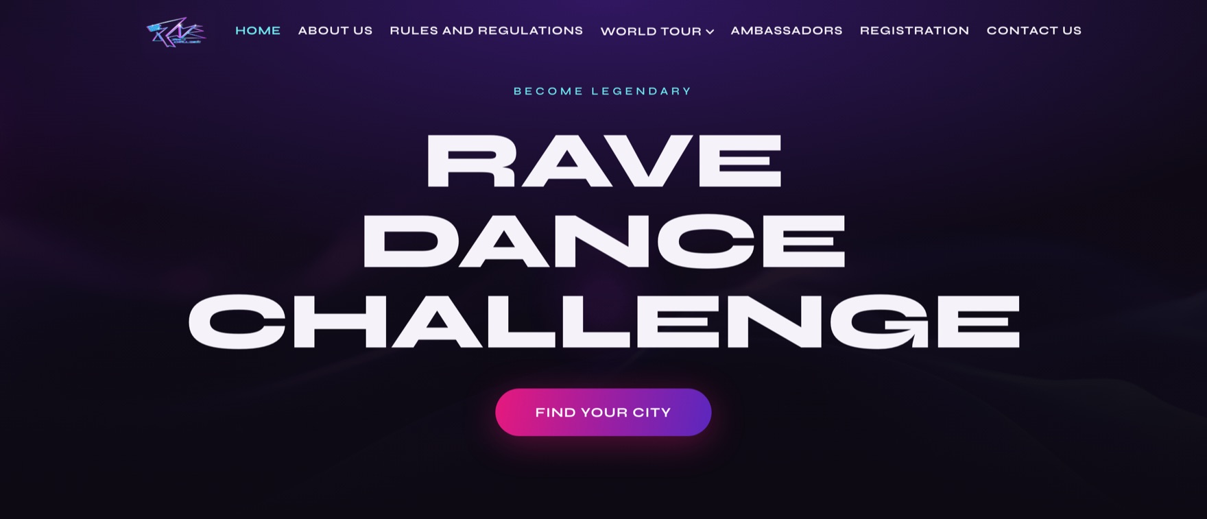 RAVE Dance Challenge homepage: dark gradient hero with oversized display type for a national dance competition tour.